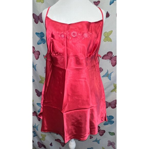 Sophia By Delicates Red Satin Embroidered Floral Chemise Lingerie Side Tie Large - Picture 1 of 4